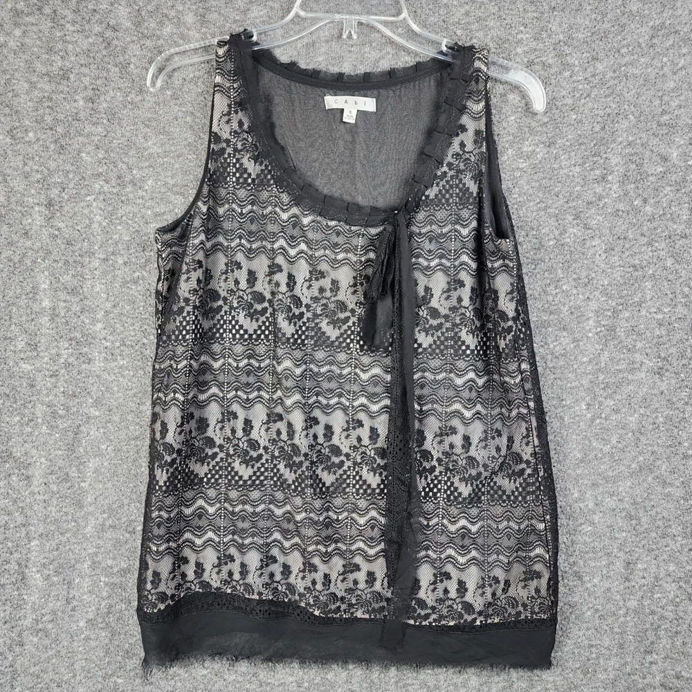 Cabi Tank Top Womens S 552 Black Floral Lace Sleeveless Ruffle EUC